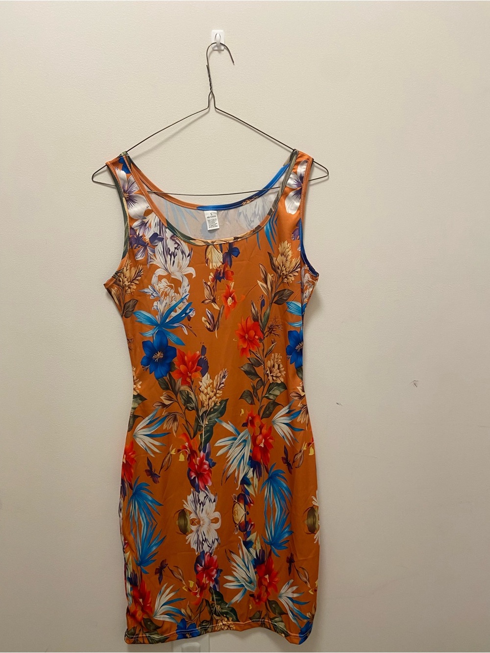 Floral Scoop Neck Tank Dress in Mustard with Blue & Red Accents